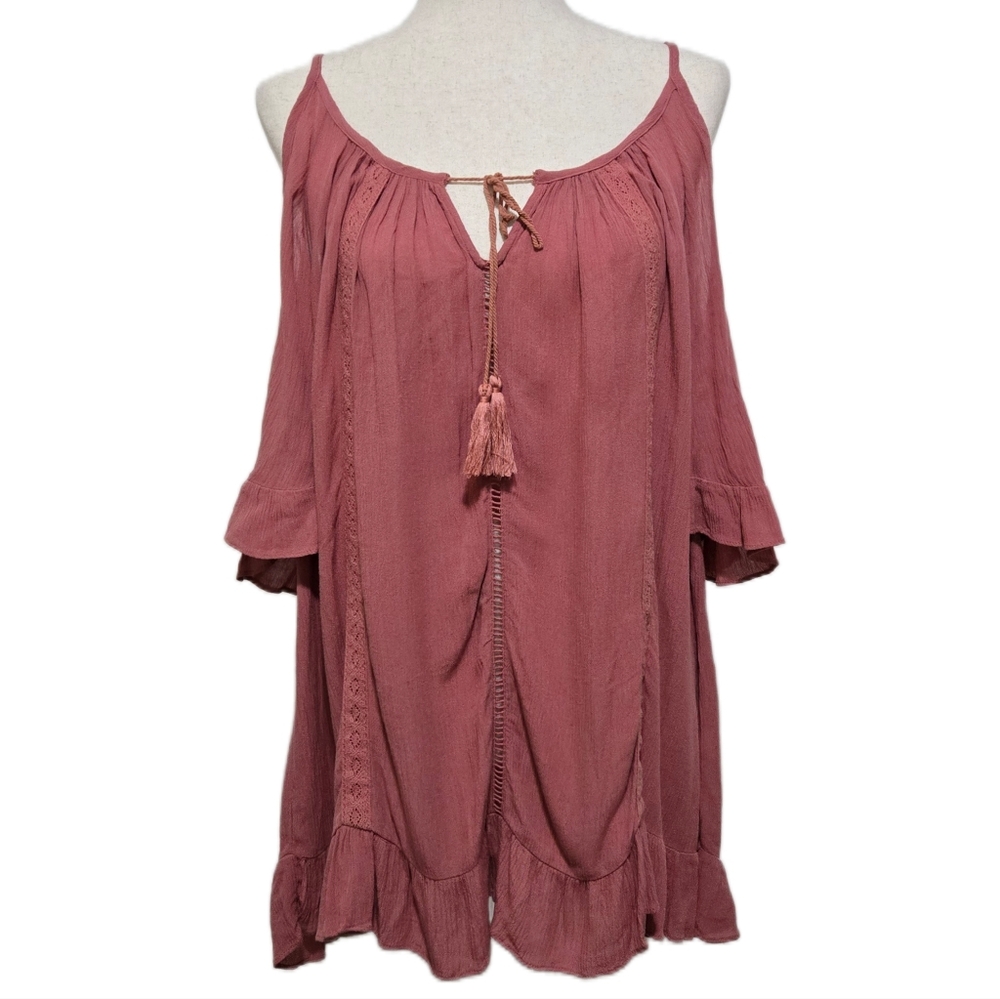 Knox Rose Dusty Rose Cold Shoulder Boho Top With Tassel Tie And Lace Size Medium
